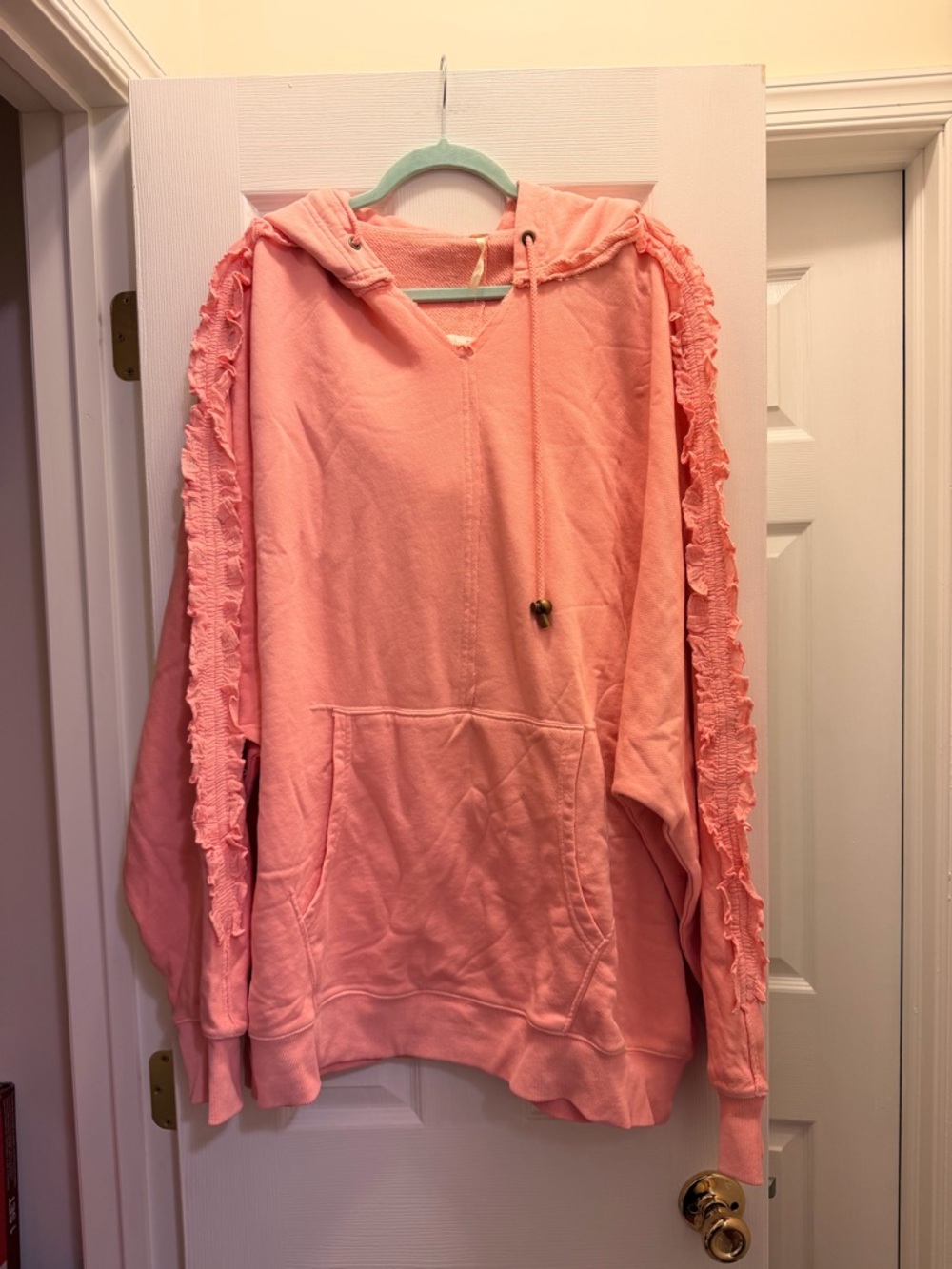 Free People Peach Pink Hooded Pullover with Ruffle Sleeve Detail